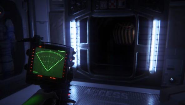Alien: Isolation screenshot: A hand holds a motion tracker displaying green signals, facing a dark, open doorway with bright lights.