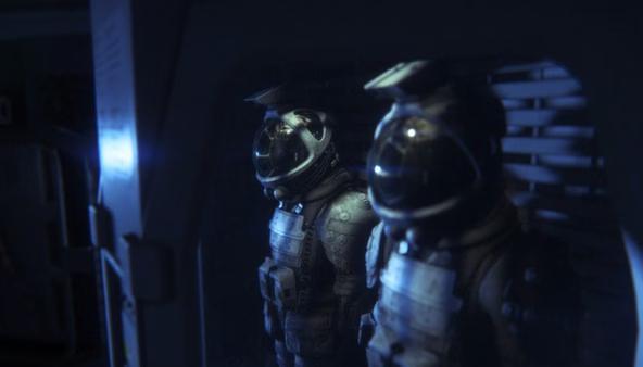 Two astronauts in spacesuits stand in a dimly lit corridor in this screenshot from the game Alien: Isolation.