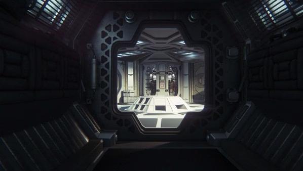 Screenshot from Alien: Isolation showing a futuristic, dimly lit spaceship corridor leading to a brightly lit control room.