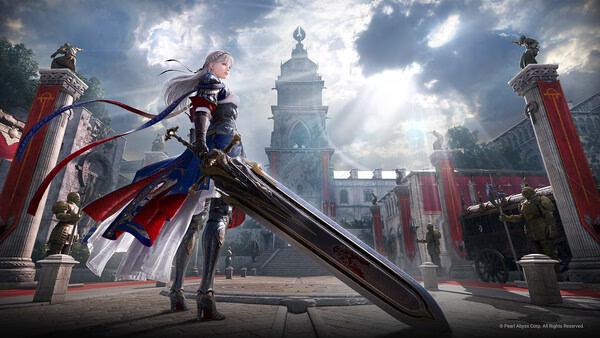 Screenshot from Black Desert showing a warrior with silver hair wielding a large sword in front of a grand castle.