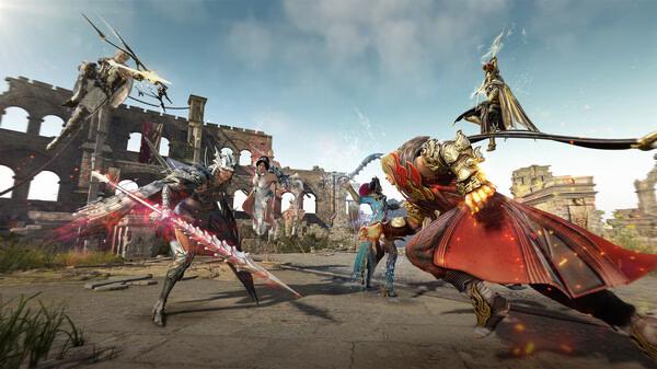 Black Desert screenshot: Four armored characters engage in dynamic combat in front of ancient ruins under a bright blue sky.