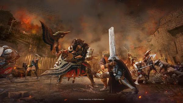 Black Desert screenshot: Intense battle scene with armored warriors clashing swords in a fiery medieval setting.