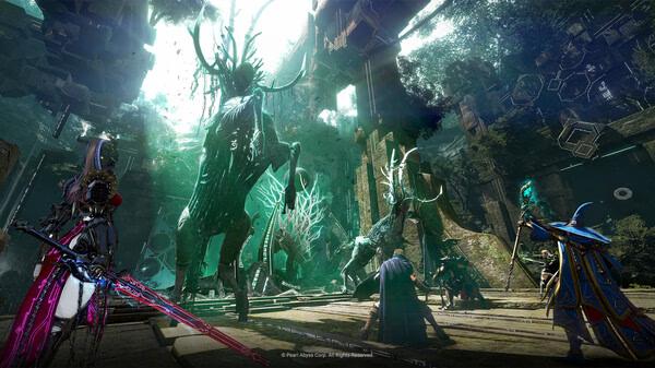 Screenshot from Black Desert showing characters in a mystical forest, with towering tree creatures and vibrant magical effects.