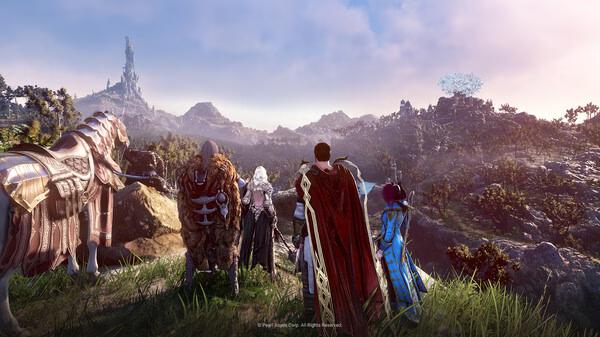 A screenshot from Black Desert showing characters and a horse overlooking a vast, scenic landscape with mountains and trees.