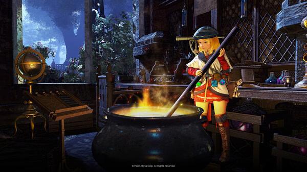 A character in Black Desert stirs a glowing cauldron in a detailed, medieval-style workshop. Screenshot from the game.