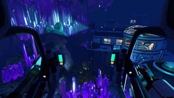 Screenshot from Subnautica: Below Zero showing vibrant purple crystals and a futuristic base viewed through a vehicle's cockpit.