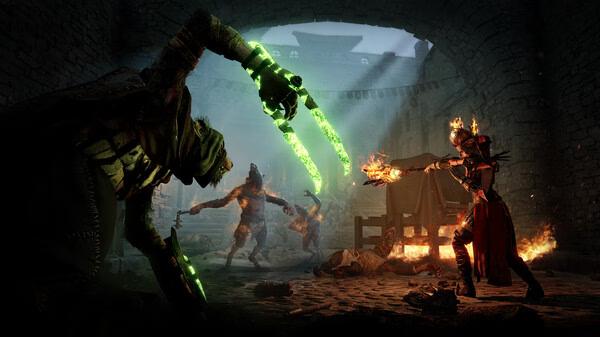 Warhammer: Vermintide 2 screenshot of intense battle. Hero fights Skaven, wielding a flaming sword in a dimly lit archway.