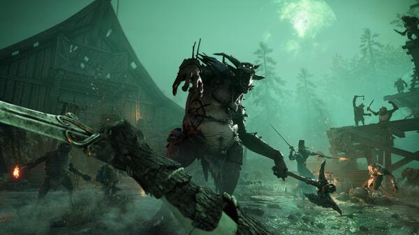 Warhammer: Vermintide 2 screenshot featuring a battle scene with a giant creature wielding an axe, surrounded by attacking characters.