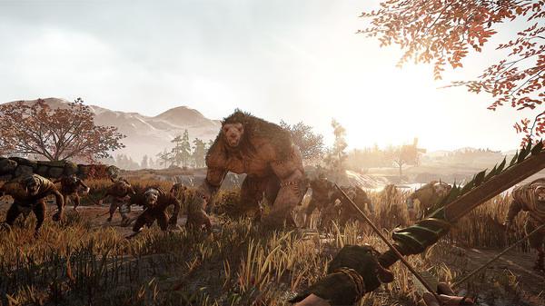 Warhammer: Vermintide 2 screenshot showing a player aiming a bow at a charging troll amidst a horde of enemies in a sunlit field.
