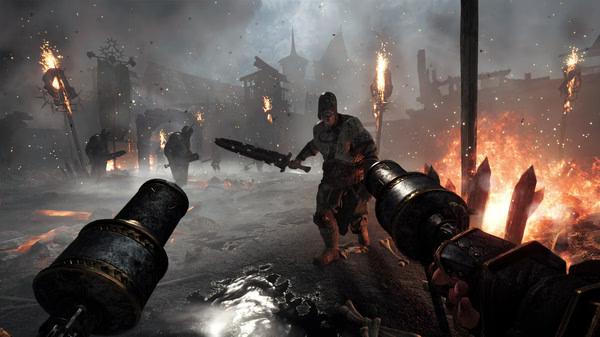 Warhammer: Vermintide 2 screenshot showing a player aiming weapons at approaching enemies amid fiery ruins and foggy skies.