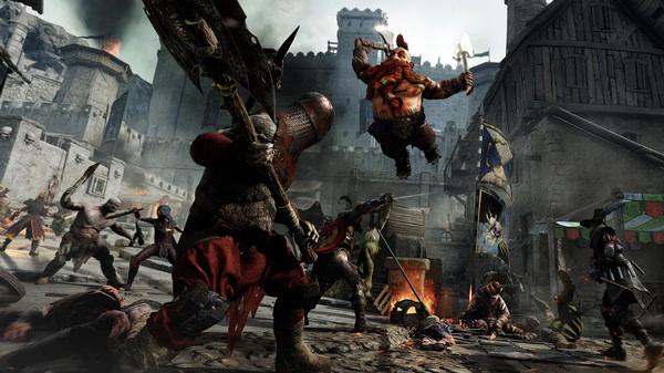 Warhammer: Vermintide 2 screenshot showing a battle scene with a dwarf character leaping at enemies in a medieval town.