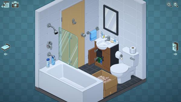 Screenshot from 'Unpacking': A tidy bathroom scene with a bathtub, sink, toilet, towel rack, and a box on the floor.