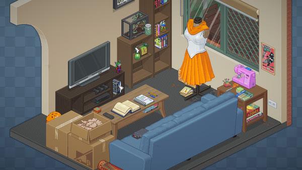Screenshot from Unpacking: A living room with a TV, bookshelves, sewing machine, and boxes, featuring a dress on a mannequin.