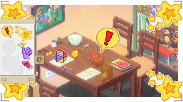 Screenshot from 'Unpacking': A cluttered dining table with toys, a bowl, and books, surrounded by yellow star icons.