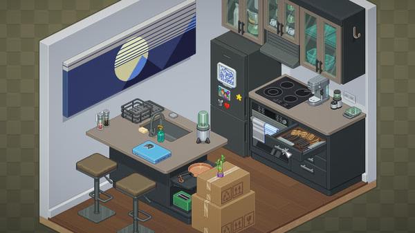 A screenshot from Unpacking shows a kitchen with unpacked items on counters and boxes on the floor ready to be organized.