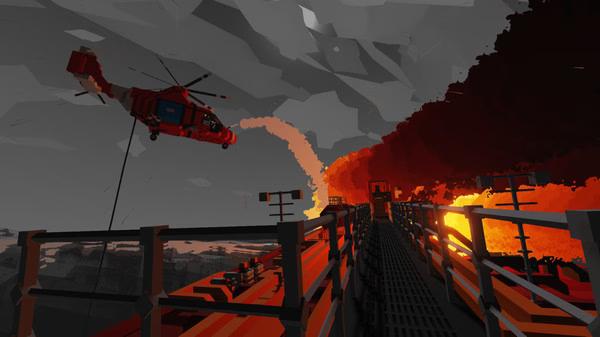 Screenshot from Stormworks: Build and Rescue showing a red helicopter flying near a large fire and smoky sky.