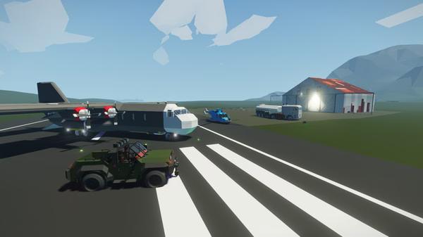 A screenshot from Stormworks: Build and Rescue showing a plane, vehicles, and a hangar on a sunny airstrip.