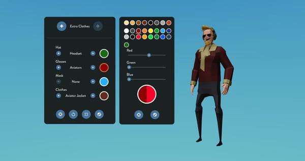 Stormworks: Build and Rescue screenshot showing character customization with color options and clothing choices on a blue background.