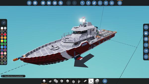 Screenshot from Stormworks: Build and Rescue showing a detailed ship design in the game's building interface against a blue background.