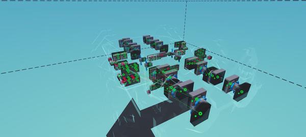 Screenshot from Stormworks: Build and Rescue showing a complex circuit board in a blue grid environment.