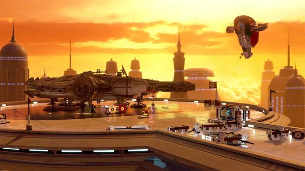 LEGO Star Wars: The Skywalker Saga screenshot: Characters gather near a spaceship on a futuristic platform at sunset.