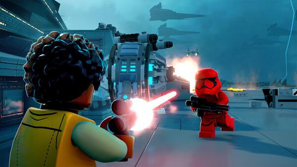 A screenshot from LEGO Star Wars: The Skywalker Saga showing a character battling a red stormtrooper with a lightsaber.