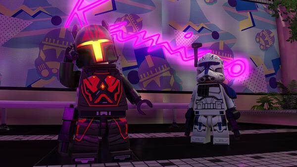 A screenshot from LEGO Star Wars: The Skywalker Saga shows a Mandalorian and a Clone Trooper standing in front of neon Kamino signage.