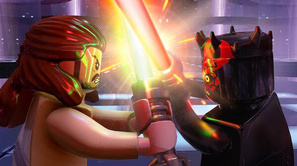 LEGO Star Wars: The Skywalker Saga screenshot showing a dramatic lightsaber duel between Qui-Gon Jinn and Darth Maul.