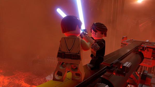 LEGO Star Wars: The Skywalker Saga screenshot: Two characters with lightsabers duel on a fiery platform in a dramatic setting.
