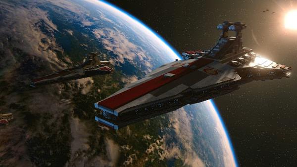 LEGO Star Wars: The Skywalker Saga screenshot showing two LEGO starships flying near a detailed Earth-like planet with a bright sun in the distance.