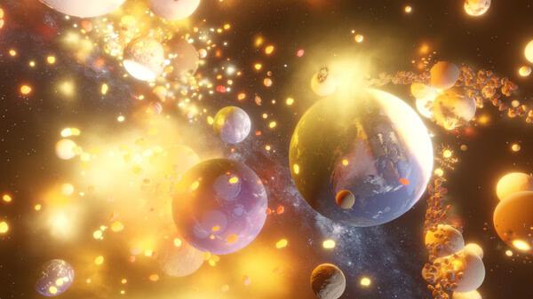 Universe Sandbox screenshot showing a chaotic cosmic scene with planets, asteroids, and glowing celestial objects.