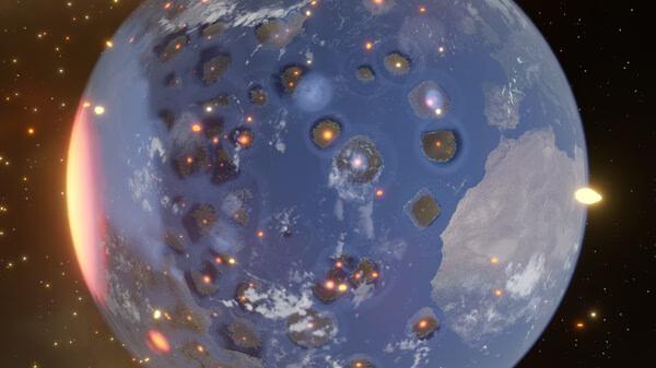 Screenshot from Universe Sandbox showing a planet with multiple craters and glowing spots on its surface against a space backdrop.
