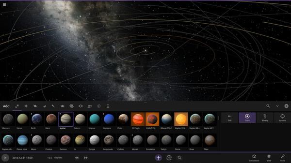 Universe Sandbox screenshot showing a simulated solar system with planets, orbits, and the Milky Way in the background.