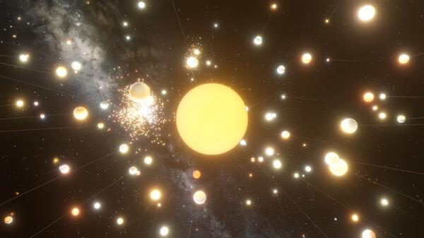 A screenshot from Universe Sandbox showing a glowing star surrounded by numerous orbiting celestial bodies in a vast space scene.