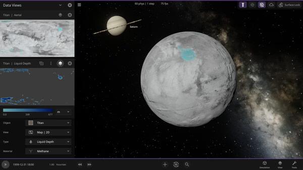 Screenshot from Universe Sandbox showing a detailed view of Titan with Saturn in the background and data views on the left.