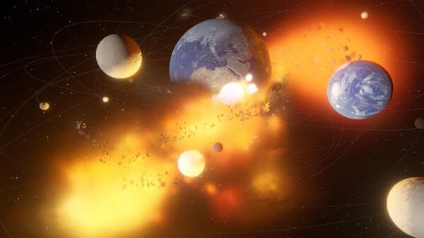 A Universe Sandbox screenshot showing planets, asteroids, and fiery explosions in a simulated cosmic collision scene.