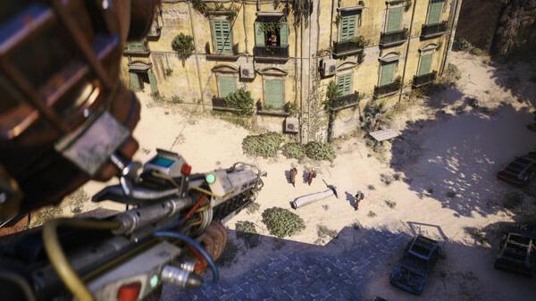 Screenshot from ARC Raiders showing a player aiming a weapon from a rooftop towards a group of enemies near an old building.