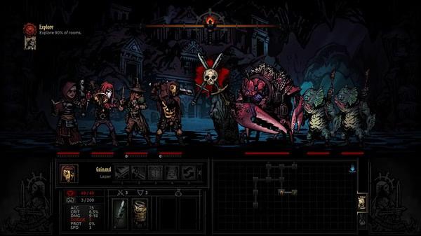 Darkest Dungeon screenshot: Heroes face off against grotesque monsters in a dungeon, with character stats and map displayed below.