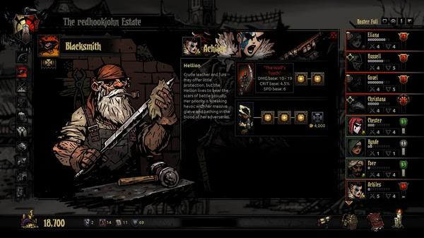 Darkest Dungeon screenshot: A blacksmith holds a sword, with character stats displayed for a hero named Hellion in the roster menu.