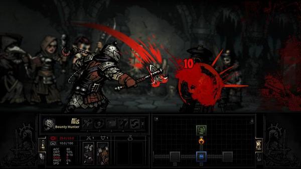 Darkest Dungeon screenshot: A Bounty Hunter attacks an enemy, causing a 10 damage hit, while other characters wait in the background.