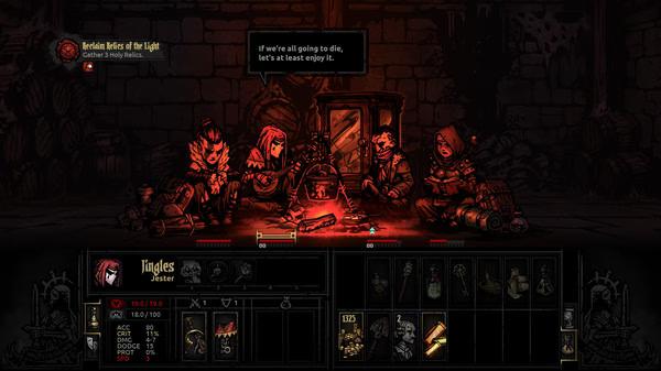 Darkest Dungeon screenshot: Four adventurers sit around a campfire in a dungeon. Inventory and character stats are visible.