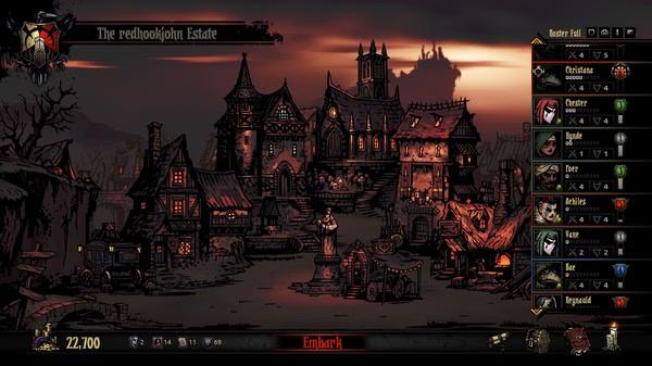 Screenshot from Darkest Dungeon showing the hamlet view with buildings and character list on the right side.