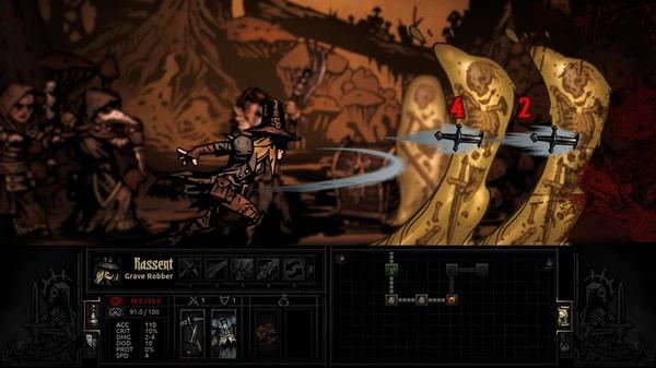 Darkest Dungeon screenshot: A grave robber attacks two worm-like creatures with throwing daggers. The damage numbers 4 and 2 are visible.