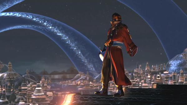 A screenshot from FINAL FANTASY X/X-2 HD Remaster shows Auron standing on a rooftop overlooking a luminous cityscape at night.