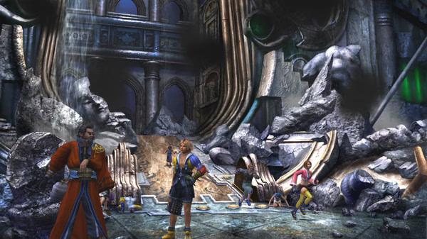 Screenshot from FINAL FANTASY X/X-2 HD Remaster showing characters in a ruined, stone-filled hall with elaborate architecture.