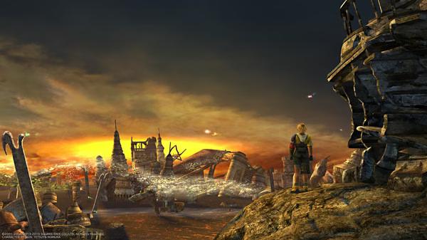 A screenshot from FINAL FANTASY X/X-2 HD Remaster showing Tidus overlooking a ruined cityscape at sunset from a rocky cliff.