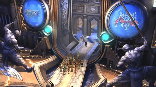 Screenshot from FINAL FANTASY X/X-2 HD Remaster showing characters gathered in a grand hall with ornate architecture and large statues.