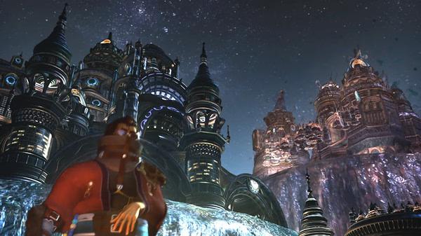 FINAL FANTASY X/X-2 HD Remaster screenshot: A character in red stands before a grand, illuminated futuristic city under a starlit sky.