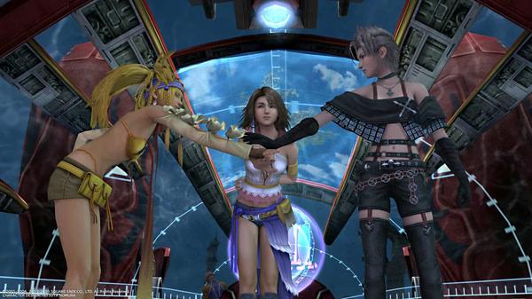 Screenshot from FINAL FANTASY X/X-2 HD Remaster showing three characters in colorful attire standing together on an airship.