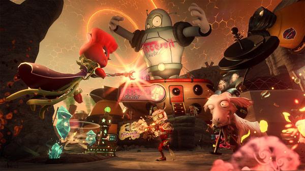 Screenshot from Plants vs. Zombies Garden Warfare 2 showing plants and zombies battling near a giant robot in a vibrant arena.